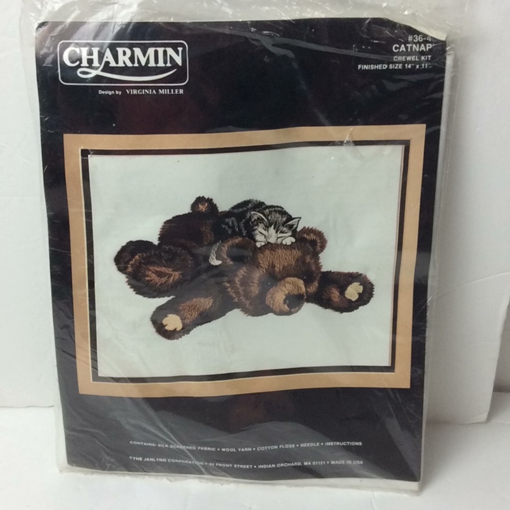 Vintage Janlynn Charmin Crewel Stitch Kit #36-4 CATNAP Cat Kitten Bear NIP